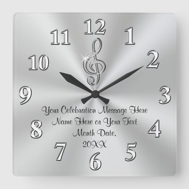 Musik-Themed Wall-Uhr, Silver Treble Clef-Dekorati Quadratische Wanduhr (Vorderseite)
