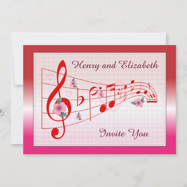 Musik und Hibiskus Blüten Hochzeitsfeiern Einladung (Vorderseite)
