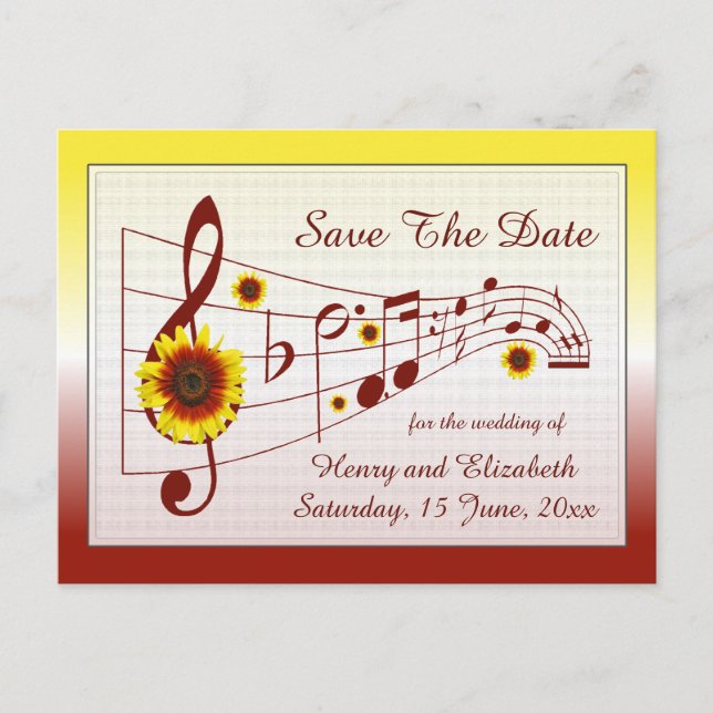 Musik und Sonnenblumen Save the Date Karte (Vorderseite)