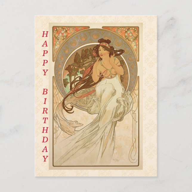 Musik von Alphonse Mucha, Happy Birthday Postkarte (Vorderseite)