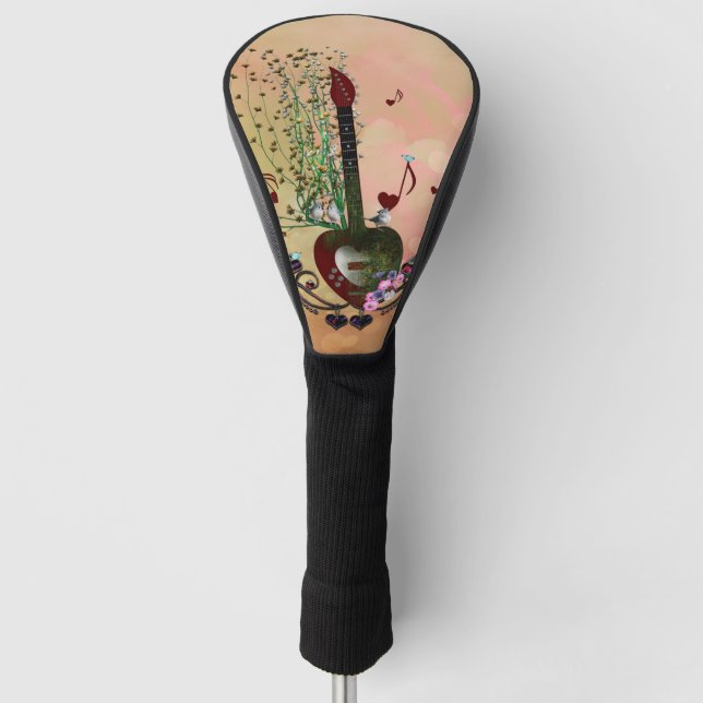 Musik, wunderbare Herzgitarre mit Blume, Vögeln Golf Headcover (Vorderseite)