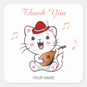 Musikalische Barde-Katze mit Mandoline Danke Quadratischer Aufkleber