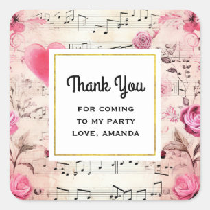 Musikalische Bemerkungen und Rose Vintages Party V Quadratischer Aufkleber