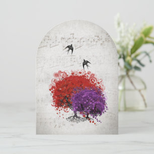 Musikalische Herzleaf Lila Bäume Vögel Hochzeit Einladung