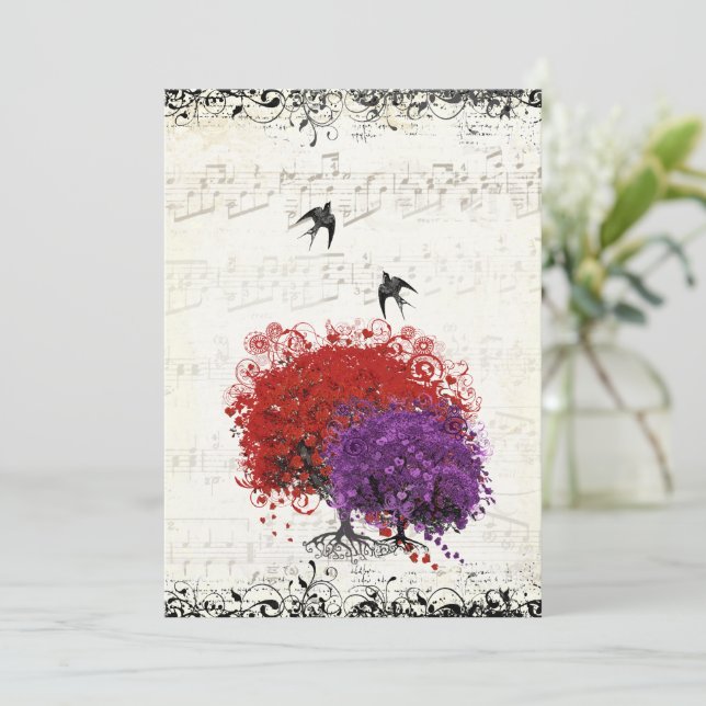 Musikalische Herzleaf Rote Bäume Vintage Vögel Hoc Einladung (Stehend Vorderseite)