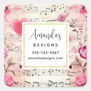 Musikalische Hinweise und Rose Vintages Design Quadratischer Aufkleber
