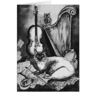 MUSIKALISCHE KATZE, EULE, VIOLIN, HARFE Schwarz We