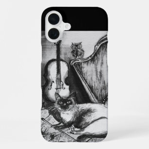 MUSIKALISCHE KATZE, EULE, VIOLINE, HARFE Schwarz W iPhone 16 Plus Hülle