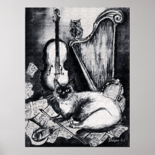 MUSIKALISCHE KATZE, EULE, VIOLINE, HARFE Schwarz W Poster