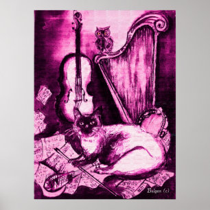 MUSIKALISCHE KATZE, Rosa Violett und Weiß Poster