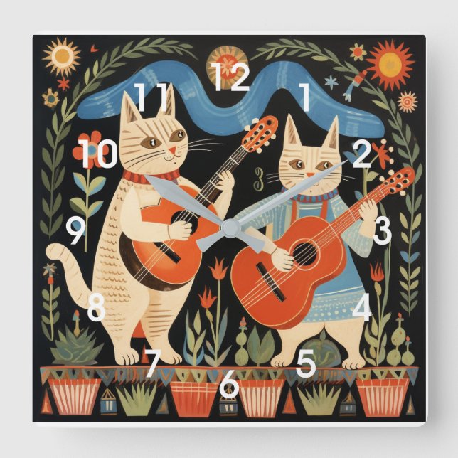 Musikalische Katzen Volkskunst Quadratische Wanduhr (Vorderseite)