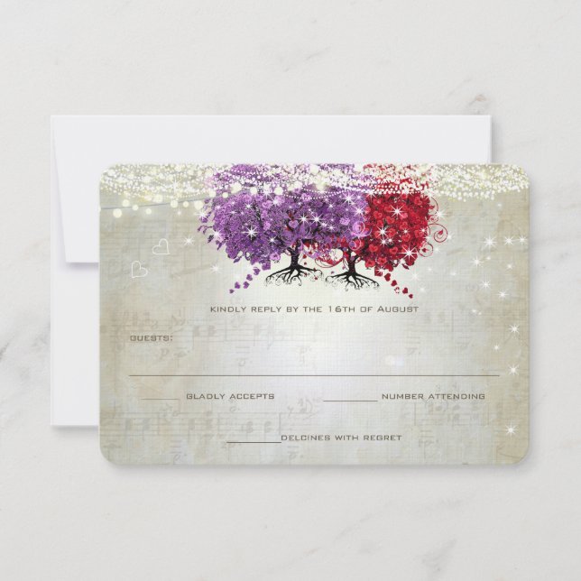 Musikalische Lila Red Heart Leaf Tree Wedding RSVP Karte (Vorderseite)
