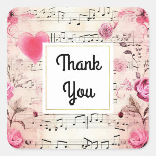 Musikalische Noten und Rosen Vintage-Design Danke Quadratischer Aufkleber