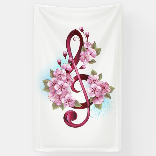 Musikalische Tischtennisnotizen mit Sakura-Blume Banner (Vertikal)