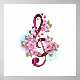Musikalische Tischtennisnotizen mit Sakura-Blume Poster