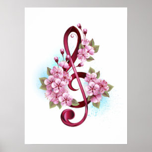 Musikalische Tischtennisnotizen mit Sakura-Blume Poster