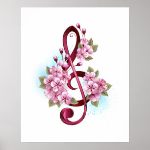 Musikalische Tischtennisnotizen mit Sakura-Blume Poster