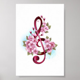 Musikalische Tischtennisnotizen mit Sakura-Blume Poster