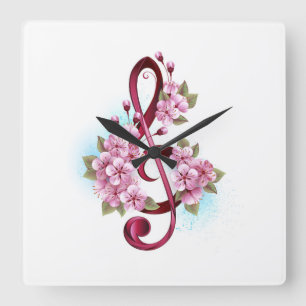 Musikalische Tischtennisnotizen mit Sakura-Blume Quadratische Wanduhr