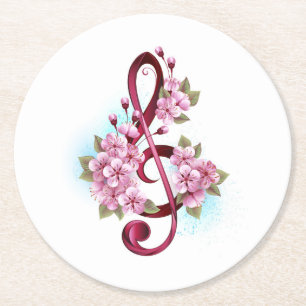 Musikalische Tischtennisnotizen mit Sakura-Blume Runder Pappuntersetzer