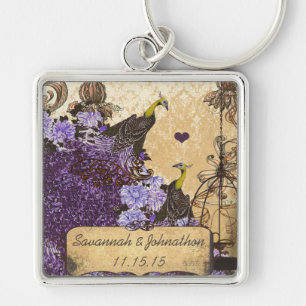 Musikalischer Vintage Aubergine Pfau Damast Schlüs Schlüsselanhänger