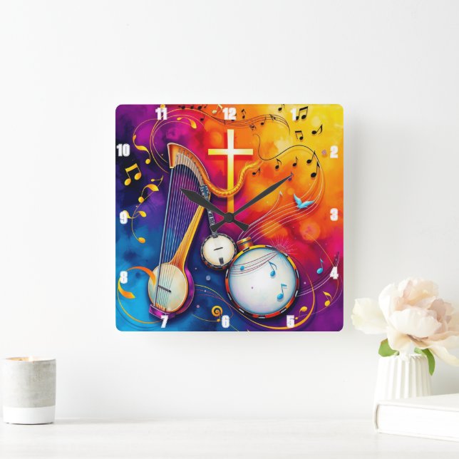 Musikalisches Cross Colorful Abstrakt Harp Banjo D Quadratische Wanduhr (Zuhause)