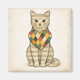 Musikalisches Katzen-Collage mit Harlekin-Herz Magnet