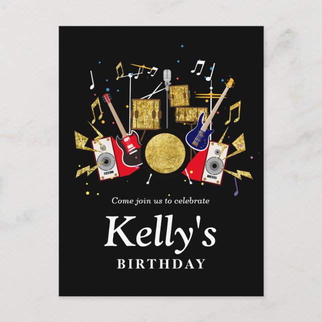 musikalisches Party Gitarre Drum Set musikalisch Einladungspostkarte (Vorderseite)