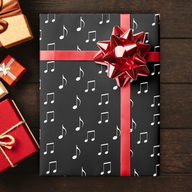 Musikalisches Thema elegante Schwarz-weiße Musikno Geschenkpapier (Musical themed roll of gift wrapping paper with various white music notes on black.)