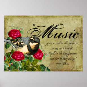 Musikangebot, Vogel und Rose, Vintage Geige Poster