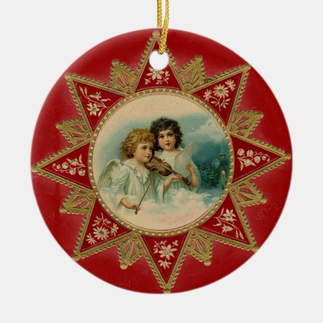 MUSIKANGELN IN WEISS UND ROT KERAMIKORNAMENT (Vorne)