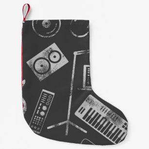 Musikelemente: nahtloser Vintage-Hintergrund. Kleiner Weihnachtsstrumpf