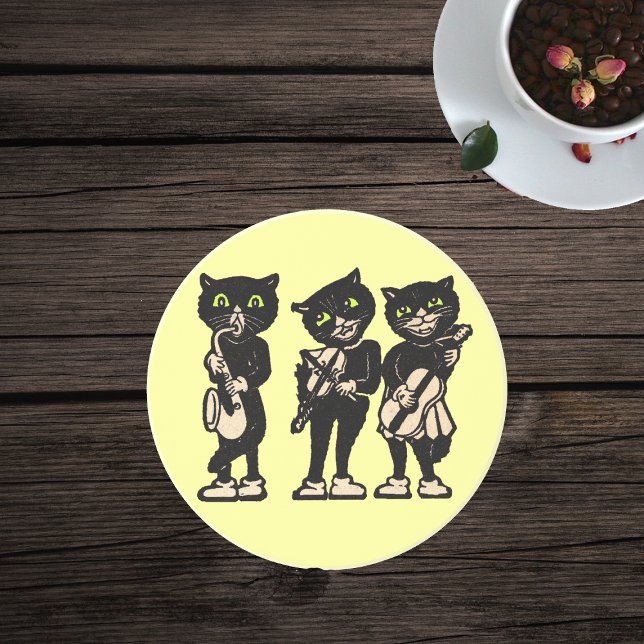 Musiker Vintag Black Cats Sandstein Untersetzer (Three black cat musicians playing musical instruments on bright yellow drink coaster.)