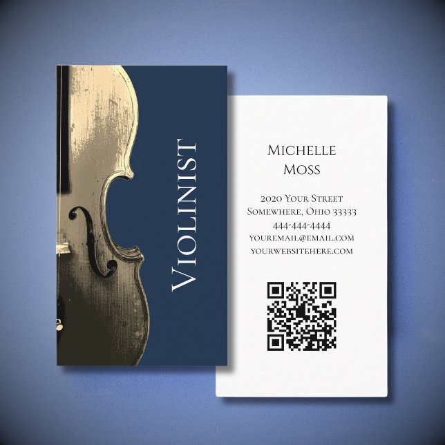 Musiker Violin Performer QR-Code Navy Blue Visitenkarte (Von Creator hochgeladen)