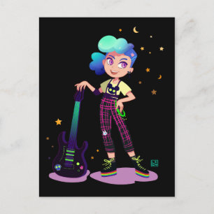 Musikerin mit blauen Haaren mit Rockgitarre Postkarte