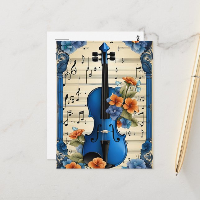 Musikfestival in Blau, Violine, Postkarte (Vorderseite/Rückseite Beispiel)