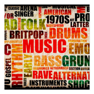 Musikhintergrund mit verschiedenen Genres und Type Poster