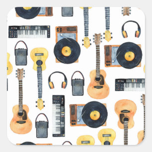 Musikinstrumente: Nahtloses Aquarell Quadratischer Aufkleber