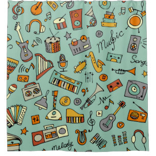 Musikinstrumente, Vintages Skizzenmuster. Duschvorhang