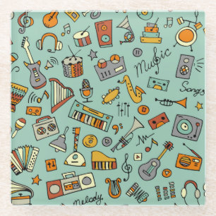 Musikinstrumente, Vintages Skizzenmuster. Glasuntersetzer