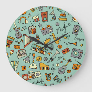 Musikinstrumente, Vintages Skizzenmuster. Große Wanduhr
