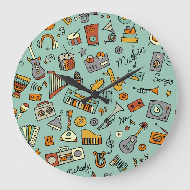 Musikinstrumente, Vintages Skizzenmuster. Große Wanduhr (Vorderseite)