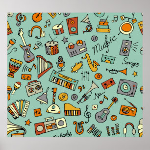 Musikinstrumente, Vintages Skizzenmuster. Poster