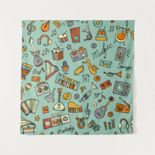 Musikinstrumente, Vintages Skizzenmuster. Wandteppich