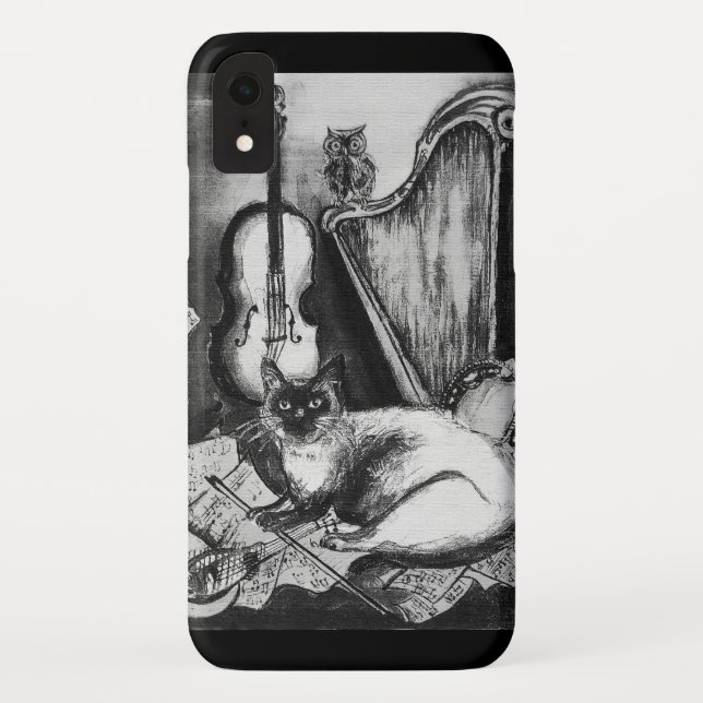 MUSIKKATZE, OWL, VIOLIN, HARP Schwarz-weiße Graumu Case-Mate iPhone Hülle (Rückseite)