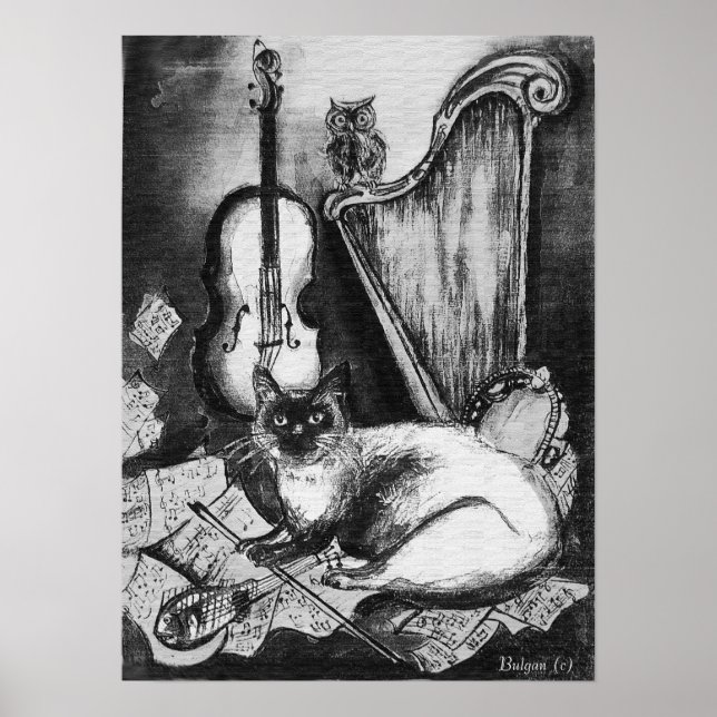 MUSIKKATZE, OWL, VIOLIN, HARP Schwarz-weiße Graumu Poster (Vorne)