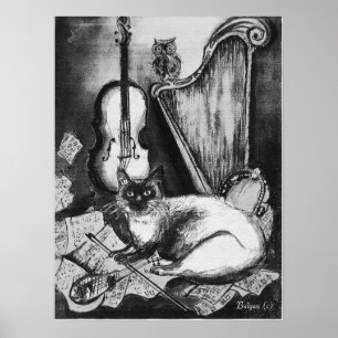 MUSIKKATZE, OWL, VIOLIN, HARP Schwarz-weiße Graumu Poster