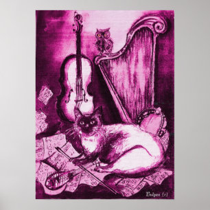 MUSIKKATZE,PInk Violet und Weiß Poster