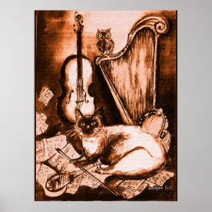 MUSIKKATZE UND EIGENSCHAFT, braun und weiß Poster