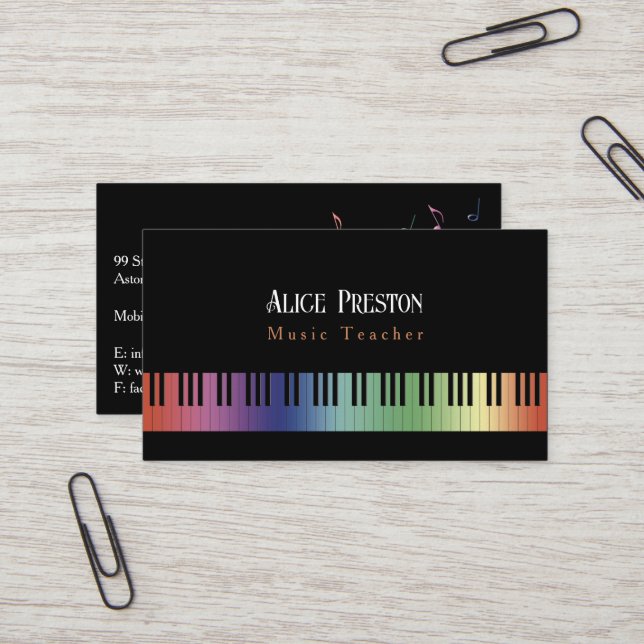 Musiklehrer | Farbige Piano Keys Business Card Visitenkarte (Vorderseite/Rückseite Beispiel)